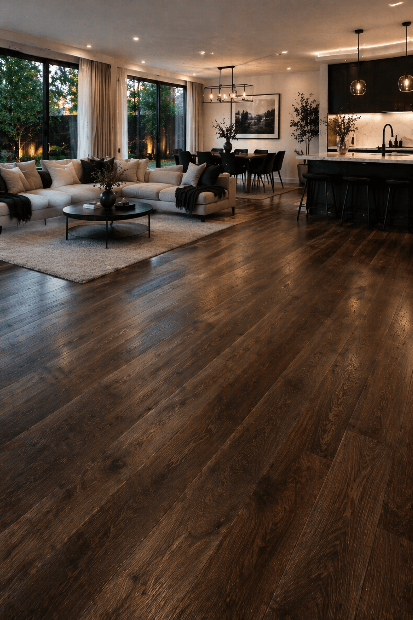 Premium dark timber flooring in a modern Melbourne living room